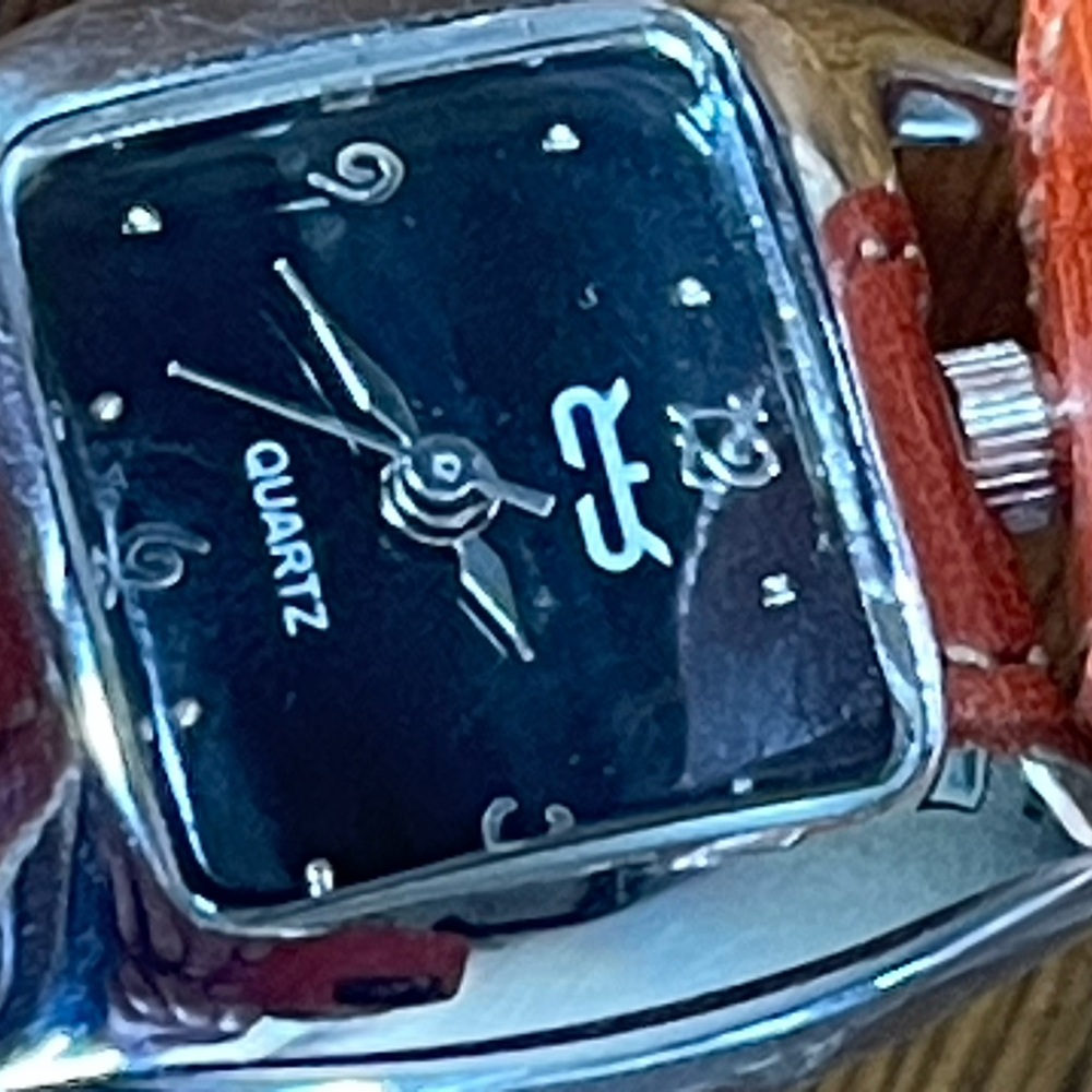Silver and Black Quartz Watch with Red Strap